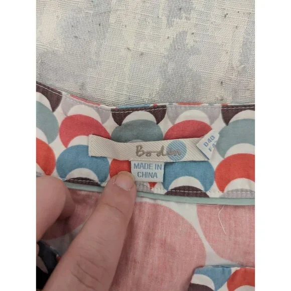 Women's Boden Geometric Blue Orange 3/4 Sleeve Cotton Beach Kaftan Tunic Size 10 - Picture 6 of 13